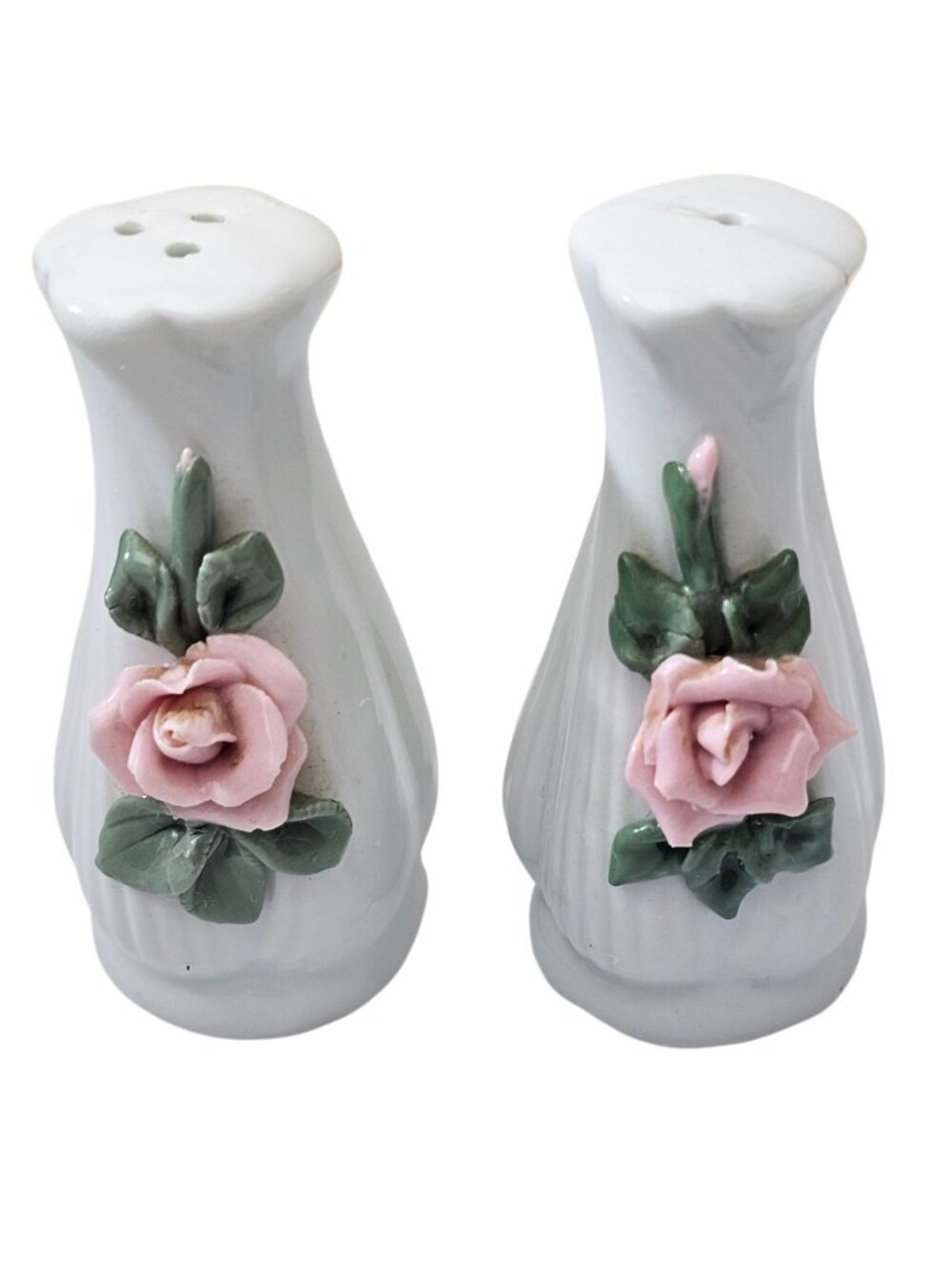 Vintage Porcelain Floral Salt Pepper Shaker set Pink Applied Flower Dimensional